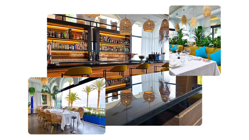 3 Imágenes del interior del Restaurante THERA. Una foto de la barra de bar, una de una mesa con vistas al mar y, una tercera foto con una mesa montada en el salón.